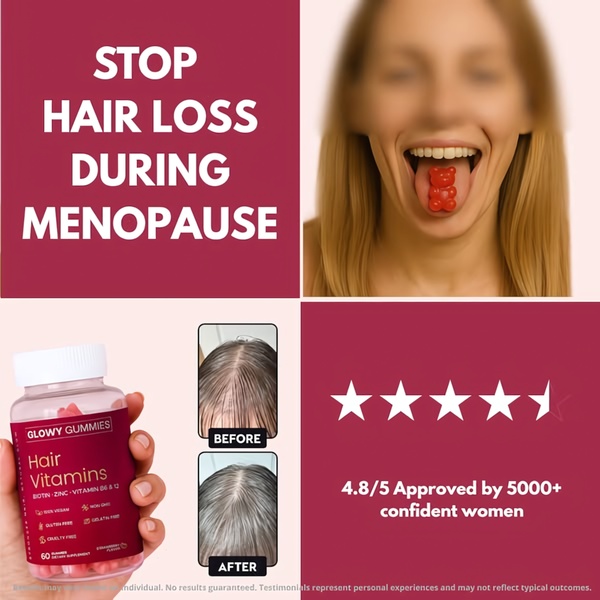 A square ad format featuring a clear before-and-after hair density comparison, social proof through a star rating, and a direct pain-point headline targeting hair loss.